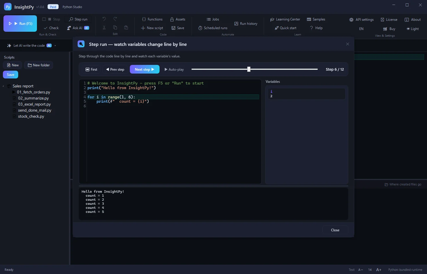 Step through code, line by line